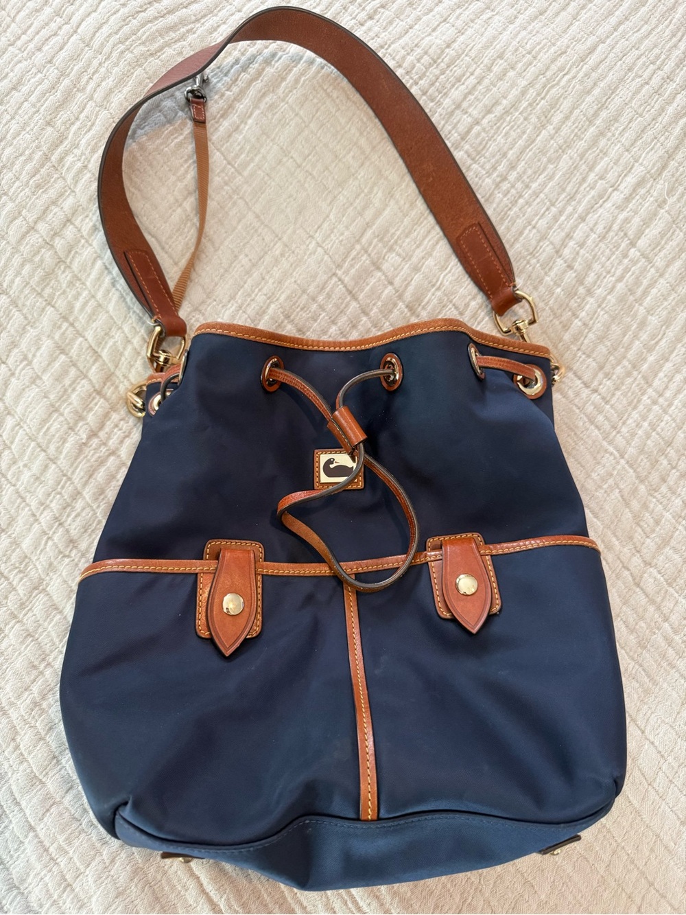 Dooney & Bourke Navy & Brown Drawstring Shoulder Bag EUC 1112